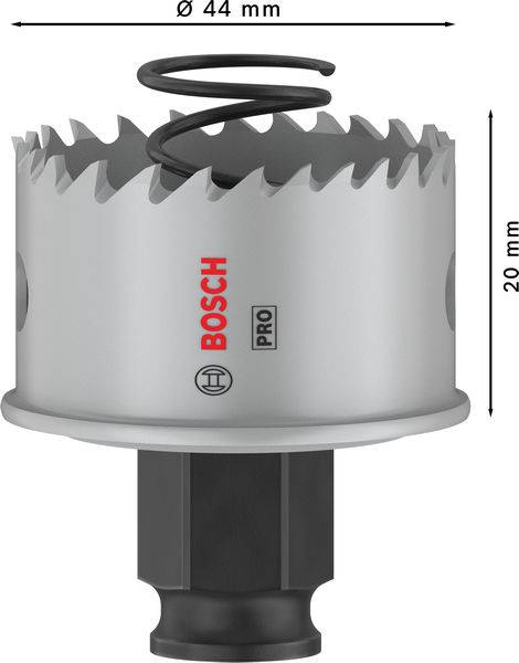 Bosch lyukfűrész, Ø 44 mm, mélység 20 mm, fogakkal és védőperemmel, professzionális felhasználásra alkalmas.