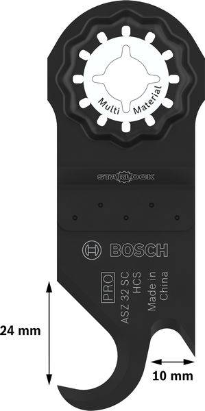 Multifunkciós szerszám tartozéka: Bosch Starlock Pro, horog alakú. Felirat: 'Multi anyag'. Méret: 24 mm szélesség, 10 mm mélység.