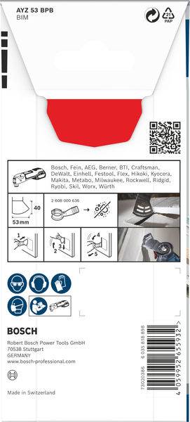 Bosch szerszékellátó csomag termékadatokkal és a helyes használatot bemutató ábrával. Tartalmaz QR-kódot.