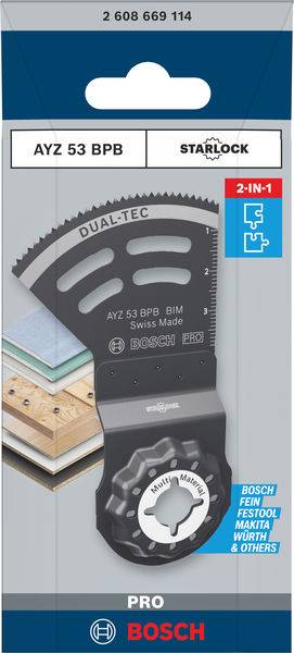 Bosch Starlock fűrészlap Dual-Tec technológiával, alkalmas fa és fémek vágására, kompatibilis különböző eszközökkel, AYZ 53 BPB modell.