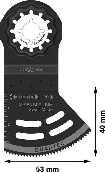 Bosch multifunkciós fűrészlap, 'Dual-Tec', többféle anyaghoz alkalmas, 53 mm széles, 40 mm hosszú, svájci gyártmány.