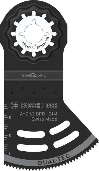 Egy Bosch PRO vágópenge képe különböző anyagokhoz, skálával és fogakkal, AYZ 53 BPB BIM modell, Svájcban gyártva.