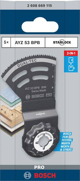 Bosch multifunkciós fűrészlap, alkalmas fa és fém megmunkálásához. AYZ 53 BPB modell. A csomagon méreteket és logókat tartalmaz.
