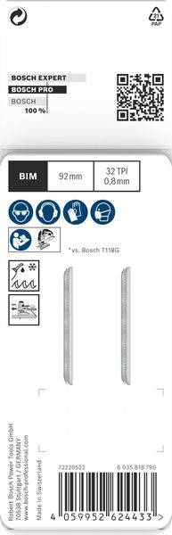 Fűrészlap-csomag Bosch Expert dekopírfűrész pengékkel, 92 mm, 32 TPI. Tartalmazza az anyagok szimbólumait: fém, fa, műanyag. QR-kód jobb felső sarokban.