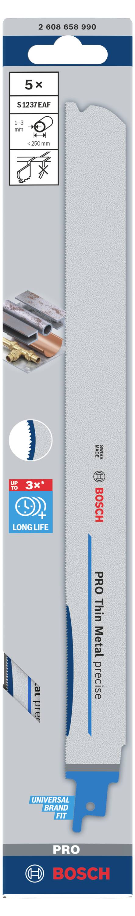 Bosch fűrészlap rozsdamentes acélhoz, 225 mm hosszúság, 5 darabos szett, fémvágásra alkalmas, Bosch logóval ellátva.