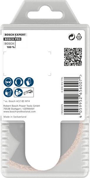 A Bosch Expert fűrészlap csomagolása. Tartalmaz QR-kódot, gyártási adatokat és a 'Svájcban gyártva' feliratot.