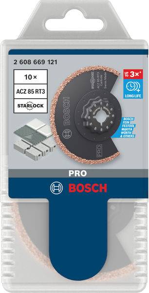 'Bosch Starlock ACZ 85 RT3' fűrészlap, alkalmas csempékhez és habarcshoz, tartós, 10 darabos kiszerelésben. Csomagolási kép.