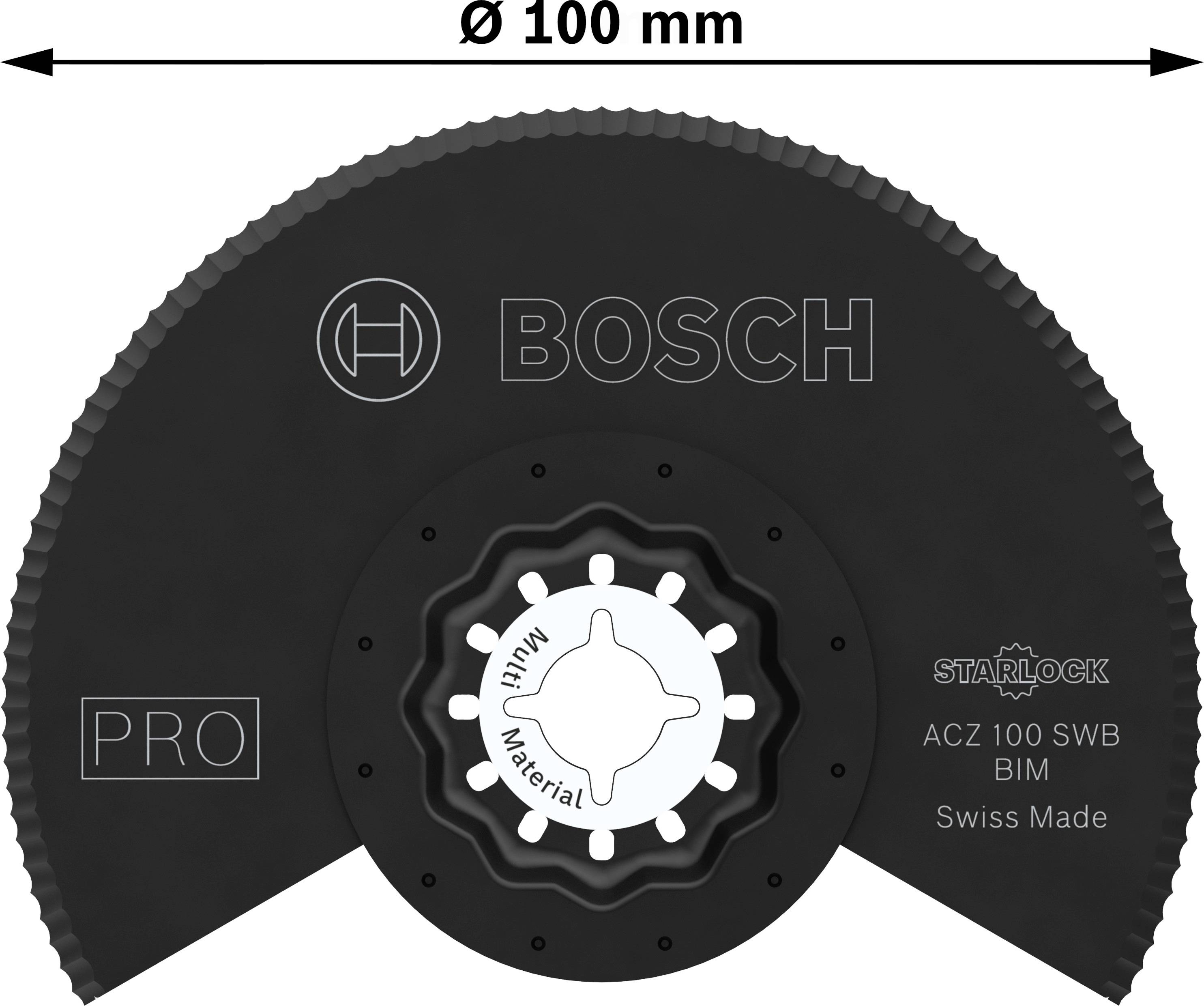 Kerek Bosch fűrészlap, Ø 100 mm, márkalogókkal és specifikációkkal, mint 'Starlock', 'BIM', 'Swiss Made' felnyomtatva.