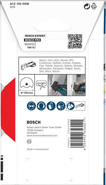 A Bosch Expert ACZ 100 SWB fűrészlap csomagolása. Kompatibilis különböző márkákkal. Svájcban gyártva.