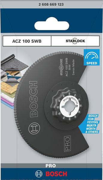 'Bosch Pro Starlock fűrészlap ACZ 100 SWB' fa és fém megmunkálásához. A csomagolás a fűrészlapot és anyagpéldákat mutat.