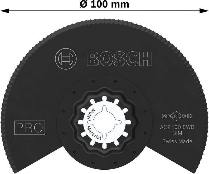 Fekete Bosch fűrészlap 100 mm átmérővel, Starlock rendszerhez. 'Swiss Made' felirattal, különböző anyagokhoz alkalmas.