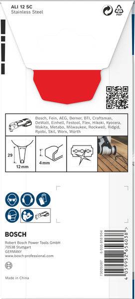 Bosch fűrészlap befogó csomag. Tartalmaz terméképeket, gyártói információkat és QR-kódot. Több márkával kompatibilis.