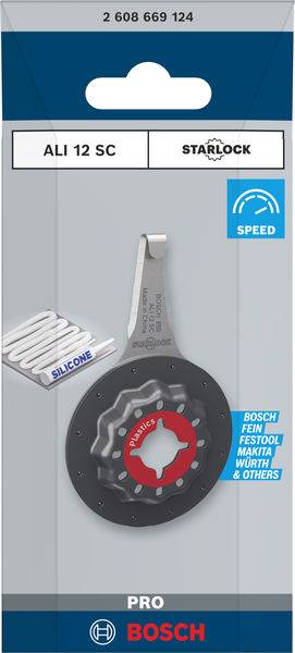 Egy szürke Bosch Starlock szegmensvágópenge 'ALI 12 SC' képe, amely kompatibilis Bosch, Fein, Festool, Makita, Würth és egyéb márkákkal.