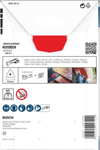 'Bosch Expert AVZ 93 G', egy csiszolóeszköz csomagolása. Bemutatja a felhasználási célokat, márkakompatibilitást, termékképeket és céginformációkat.