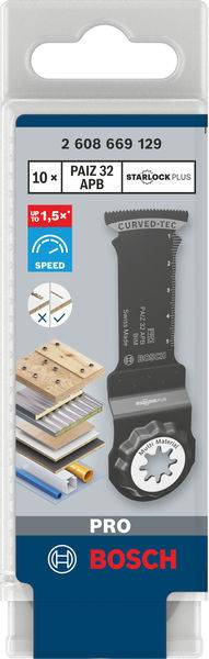 Egy Bosch Pro fűrészlap csomagolása. Alkalmas fa és fém megmunkálásához. 'Starlock Plus' és 'Curved Tech' szimbólumokkal jelölve.