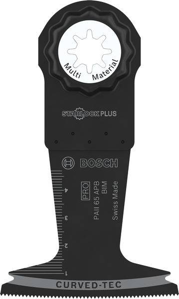 'Bosch Starlock Plus' fűrészlap, alkalmas többféle anyaghoz, méretskálával és 'Curved-Tec' vágóéllel a precíz munkavégzéshez.