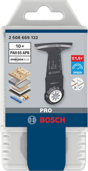 A Bosch PRO PAII 65 APB Starlock Plus fűrészlap csomagolása. Bemutatja a pengét és a különböző anyagokat, amelyeket vele lehet vágni.