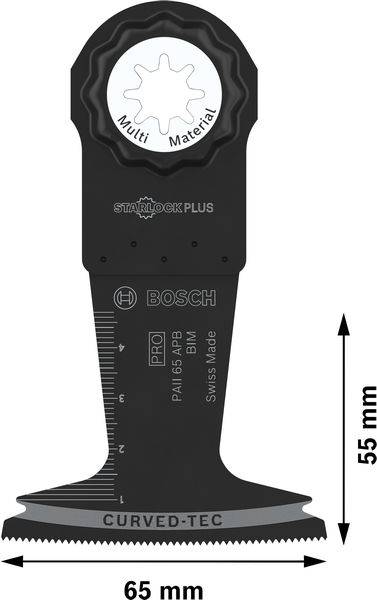 Bosch multifunkciós fűrészlap (Starlock Plus), 55 mm x 65 mm, különböző anyagokhoz, oldalán méretjelöléssel.