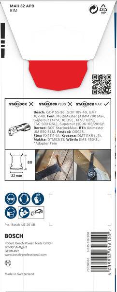 'Bosch MAII 32 APB fűrészlap csomagolása. Mutatja a csatlakozási opciókat: STARLOCK, STARLOCK PLUS, STARLOCK MAX. Fő jellemzők és méretek: 80 x 32 mm. Felhasználás: Fa és fém merülő-, zseb- és szélvágása.'
