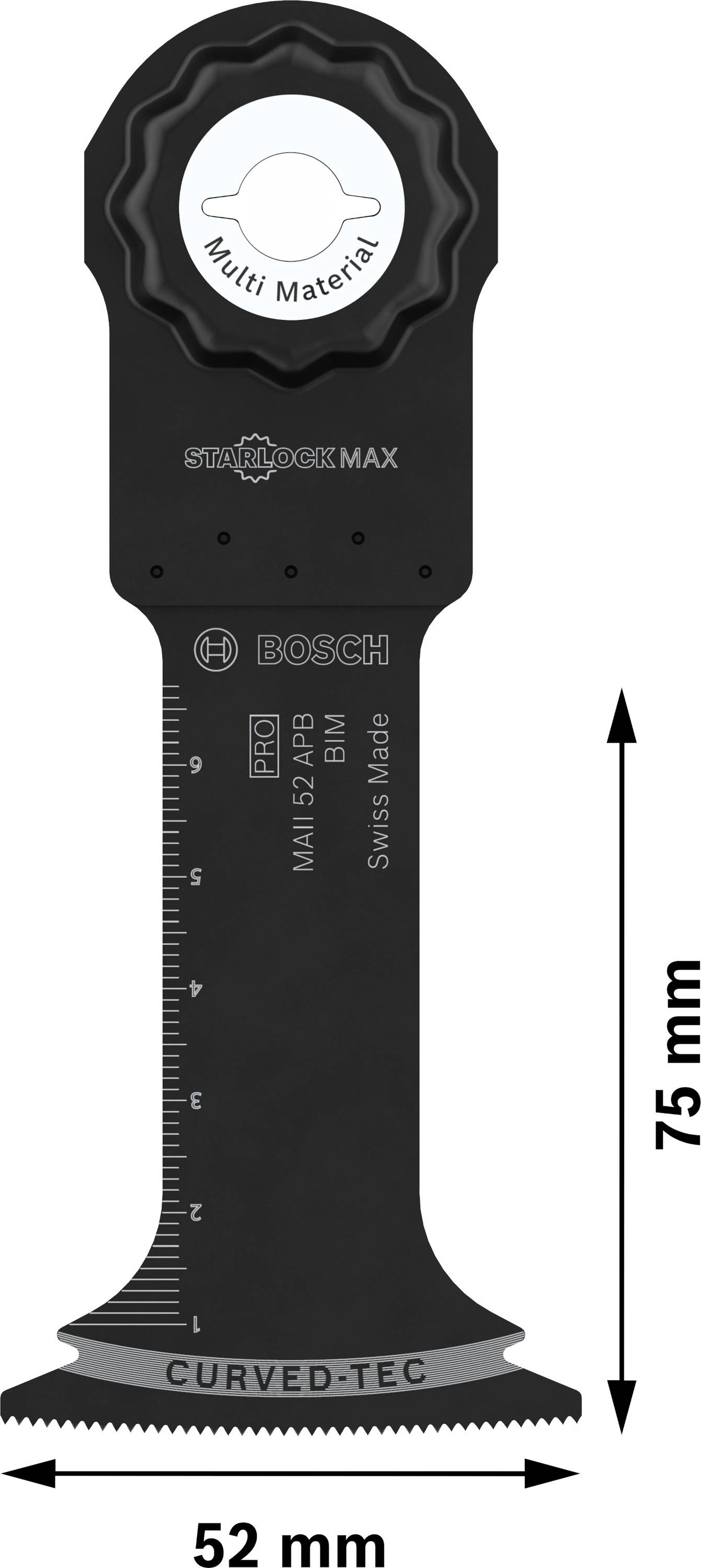 Fekete Bosch Starlock Max fűrészlap, több anyaghoz alkalmas, mértékskálával. Hosszúság: 75 mm, szélesség: 52 mm.