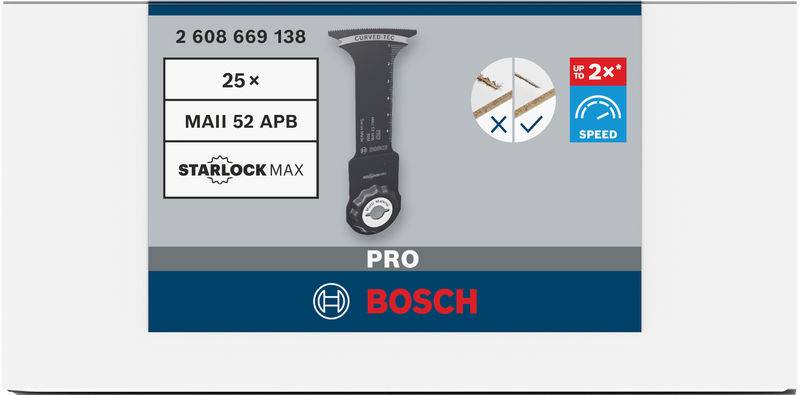 'Bosch PRO Starlock MAX MAII 52 APB' csomagolási címke fűrészlap ábrával, 25 darabos utalással, alkalmas fa és szögek vágására, akár kétszeres sebesség eléréséig.