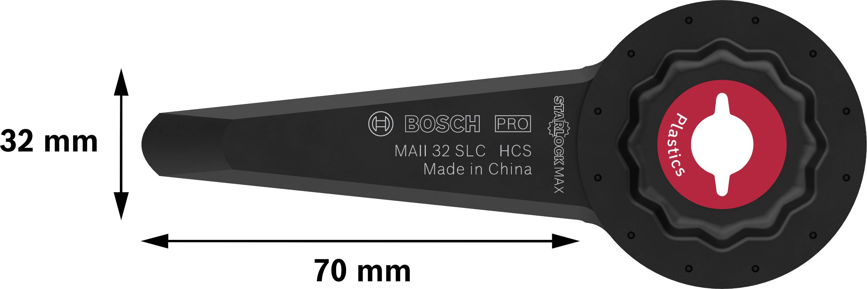 Oszcilláló Bosch Starlock fűrészlap, 32 mm széles és 70 mm hosszú. Felirat: 'Bosch Pro', 'MAII 32 SLC', 'Plastics'.