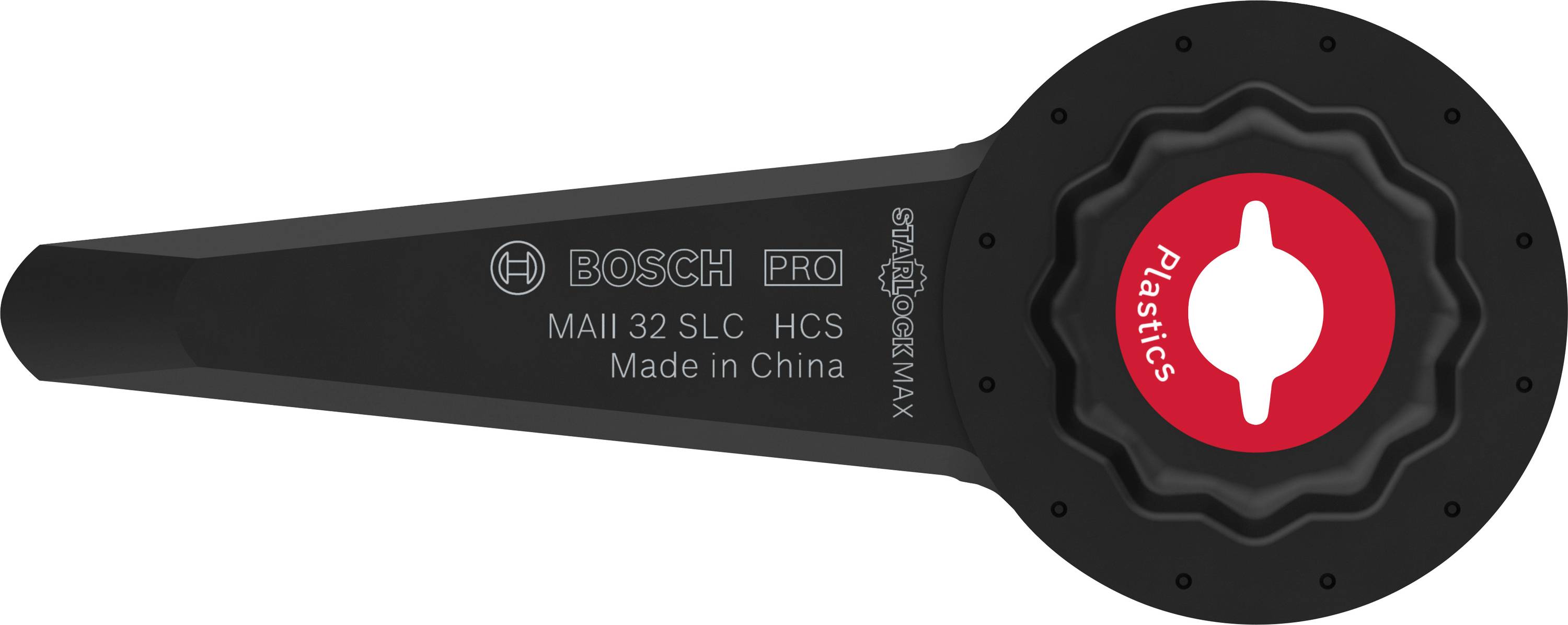 Bosch rezgőfűrészlap műanyaghoz, MAII 32 SLC modell, fekete piros jelöléssel, Kínában gyártva.