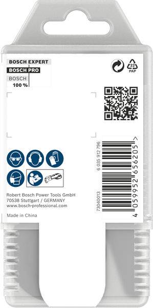 'Bosch Expert Bosch Pro' termékcsomag hátoldala QR-kóddal, vonalkóddal, termékgrafikákkal és gyártói információkkal.