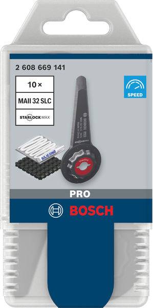 Egy Bosch Starlock Max MAII 32 SLC szegmens fűrészlap csomagolása. 10 darabot tartalmaz. Termékábra és műszaki paraméterek.