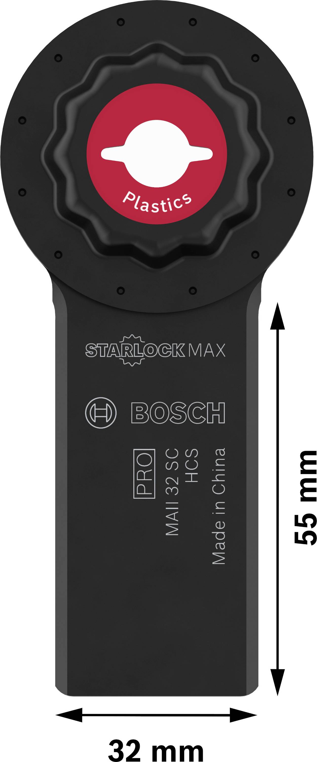 Multifunkciós fűrészlap piros Starlock rögzítőelemmel, műanyag megmunkáláshoz alkalmas. Termékszöveg: 'Bosch, Pro, HCS'.