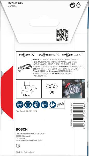 'Bosch MultiTool-tartozékok: Starlock fémvágó korong MATI 68 RT3. Kompatibilis Fein, Milwaukee gépekkel; 68 mm, Ø 30, karbid.'