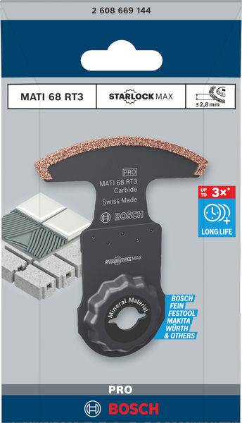 A 'Bosch MATI 68 RT3' StarlockMax fűrészlap csomagolása. Alkalmas különböző anyagokhoz, tartós, Svájcban gyártott.