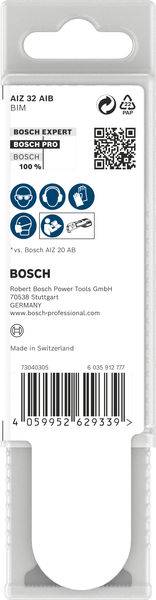 'Bosch Expert' fűrészlap csomag QR-kóddal, termékinformációkkal és vonalkóddal. Márkalogó és svájci gyártási részletek.