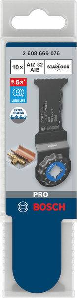 Egy Bosch Pro Starlock fűrészlap csomagolása, amely alkalmas fa és fém vágására, a '32 AIZ AIB 10x' felirattal.