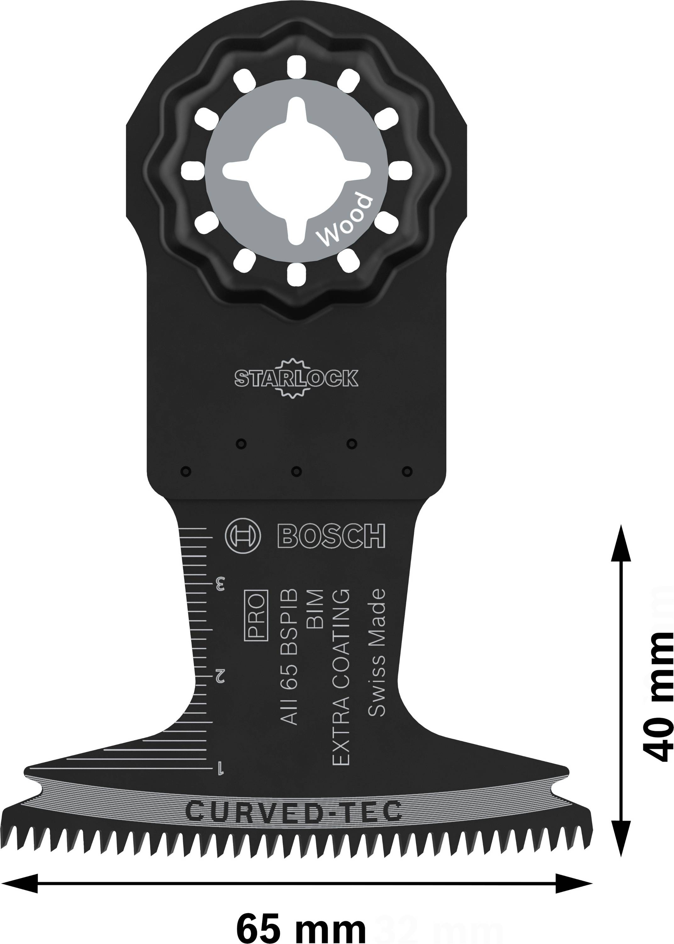 Bosch multifunkciós fűrészlap, fához alkalmas, 65 mm széles és 40 mm magas méretekkel. Felirat: 'Starlock' és 'Curved-Tec'.