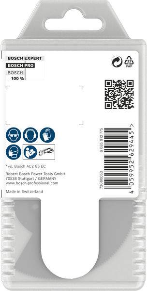 'Bosch Expert' fűrészlap csomag QR-kóddal és vonalkóddal. Eredet információ: Gyártva Svájcban a Bosch Pro által.