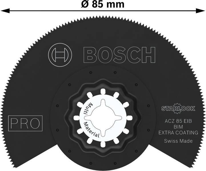 Háromszögű Bosch fűrészlap 85 mm-es átmérővel, Starlock befogással, alkalmas fa és fém megmunkálásához, fekete színben, Swiss Made kivitel.
