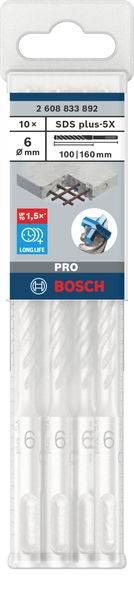 Bosch SDS plus-5X, 10 fúrószár, 6 mm átmérő, 100/160 mm hosszúság. A csomagolás a fúrók dizájnját mutatja a betonba történő precíz fúráshoz.