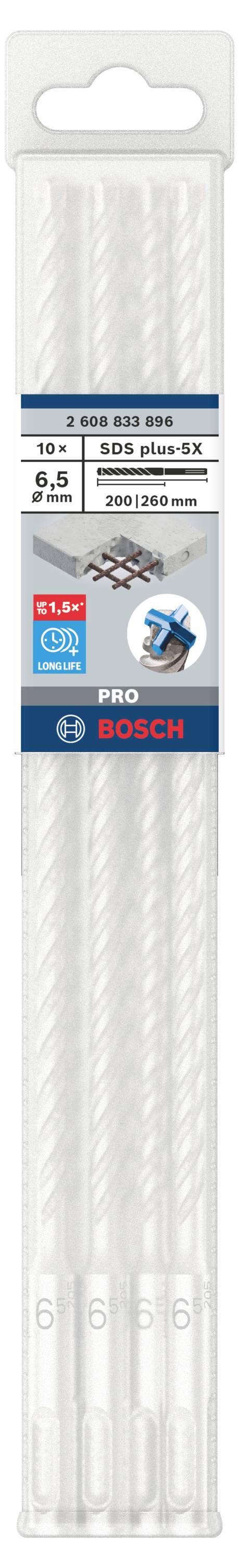 Öt darabos Bosch betonyfúró készlet 10 mm, 5 mm és 6 mm méretben, alkalmas beton, tégla és mészhomok téglák fúrásához.