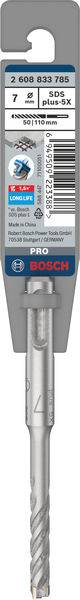 Bosch fúrószár, SDS-Plus-5X típus, 7 mm átmérő, 110 mm hosszúság. A csomag termékadatokat és vonalkódot tartalmaz.