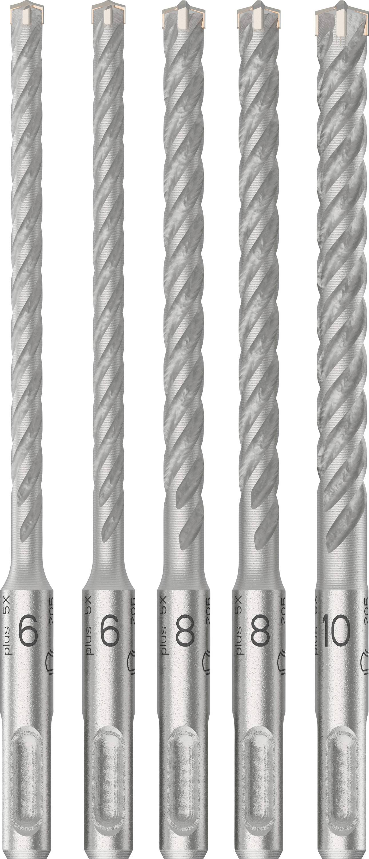 Öt ezüstszínű fúrófej különböző méretben egymás mellé rendezve. A méretek: 6 mm, 6 mm, 8 mm, 8 mm és 10 mm.