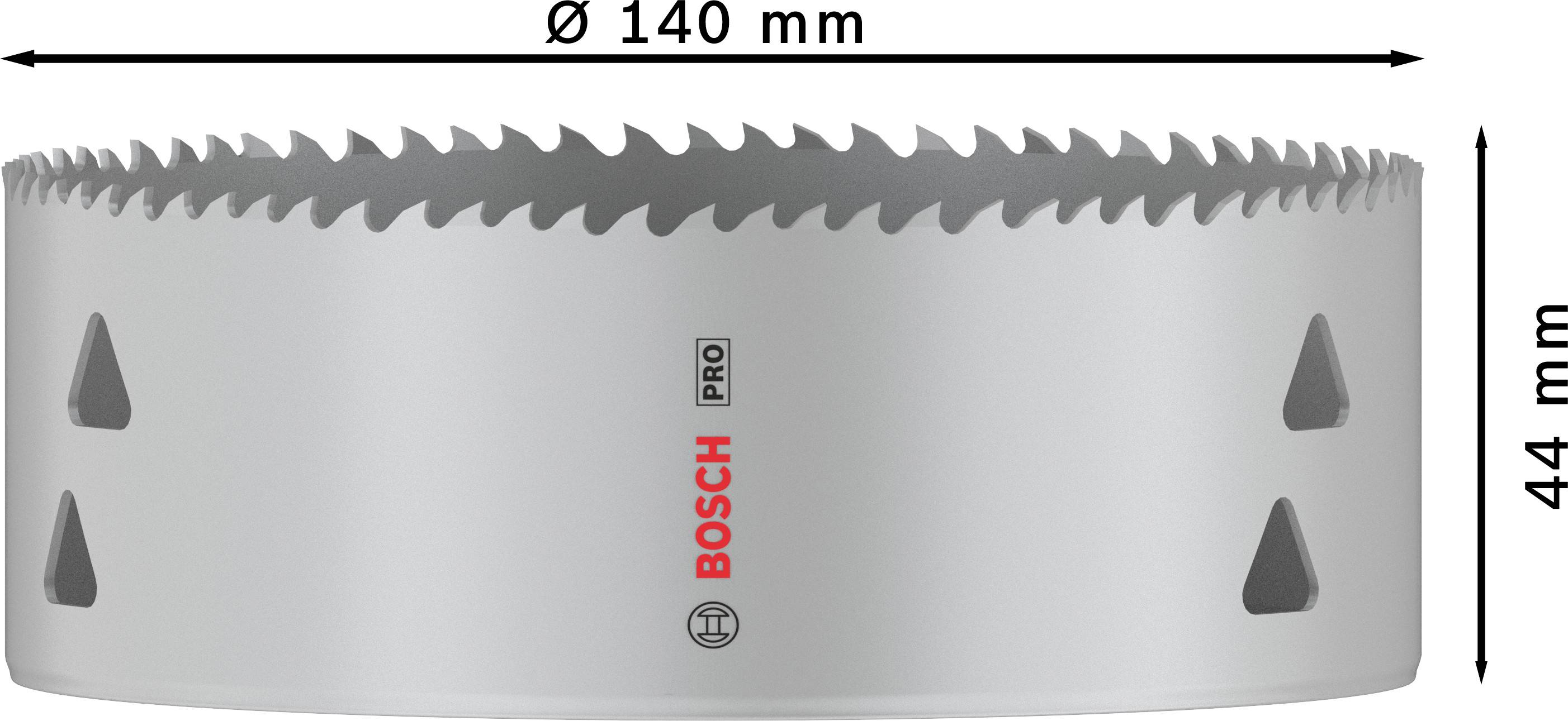 Bosch fúrókorona, 140 mm átmérő, 44 mm magasság, éles fogakkal és 'PRO' jelöléssel professzionális felhasználásra.