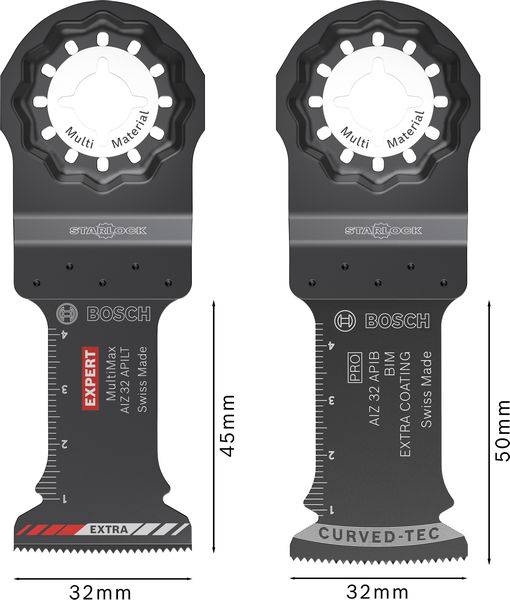 Egy Bosch Starlock fűrészlap baloldalon Multi-Material típus, jobboldalon egy Curved-Tec faanyaghoz, méretjelzésekkel.