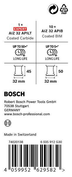 Etikett részletei Bosch fűrészlapokhoz: '1x AIZ 32 APLIT, 10x AIZ 32 APIB'. Méreteket, anyagot és élettartamot mutat. Svájcban gyártva.