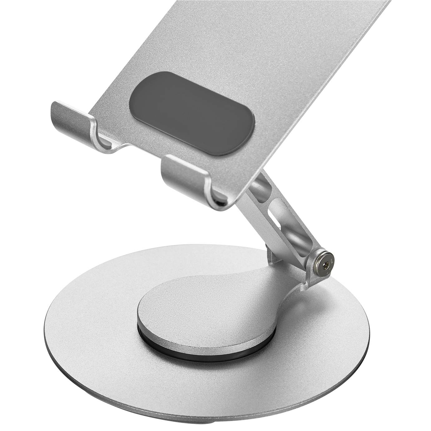 Ezüstös, állítható fémállvány, amely egy eszközt tart. Az állvány kerek talapzattal és fekete párnázatú tartóval rendelkezik.