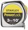 Egy ezüstszínű mérőszalag sárga és fekete címkével, amelyen a 'Stanley PowerLock 3m/10'' felirat olvasható.