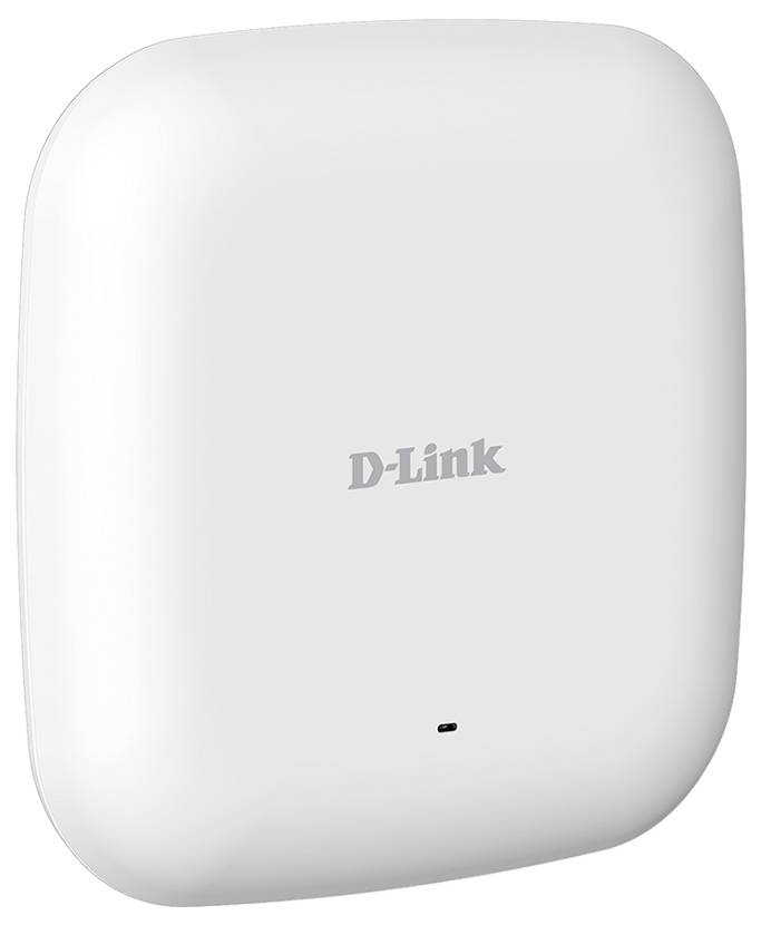 Fehér házban lévő WLAN-hozzáférési pont, amelynek közepén jól láthatóan a 'D-Link' logó szerepel. Ideális fali vagy mennyezeti szerelésre.