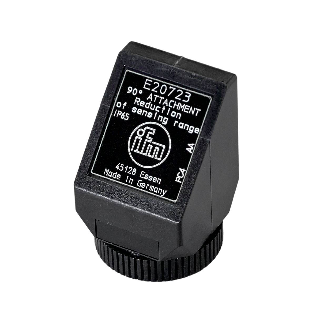 Érzékelő tartozék, E20723 modell, 90 fokos adapter a detektálási terület csökkentéséhez, IP65 védelmi fokozat, Németországban gyártva, ifm márka.