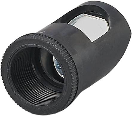 Fekete fémadapter belső menettel, alkalmas két különböző méretű tömlő összekötésére műszaki környezetben.