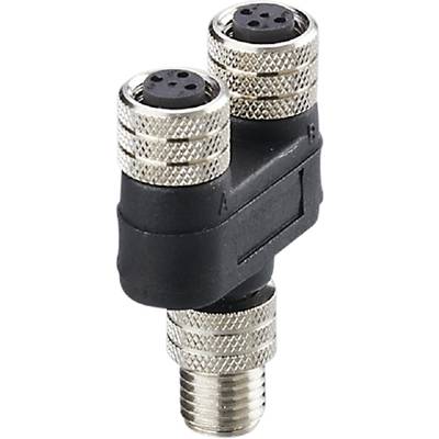 Fekete T-adapter két ezüst csatlakozóval a végein, 'A' és 'B' jelöléssel az audiokészülékek összekötéséhez.